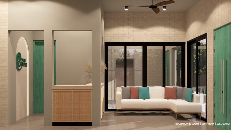 Reception desk and lounge seating opening onto a courtyard