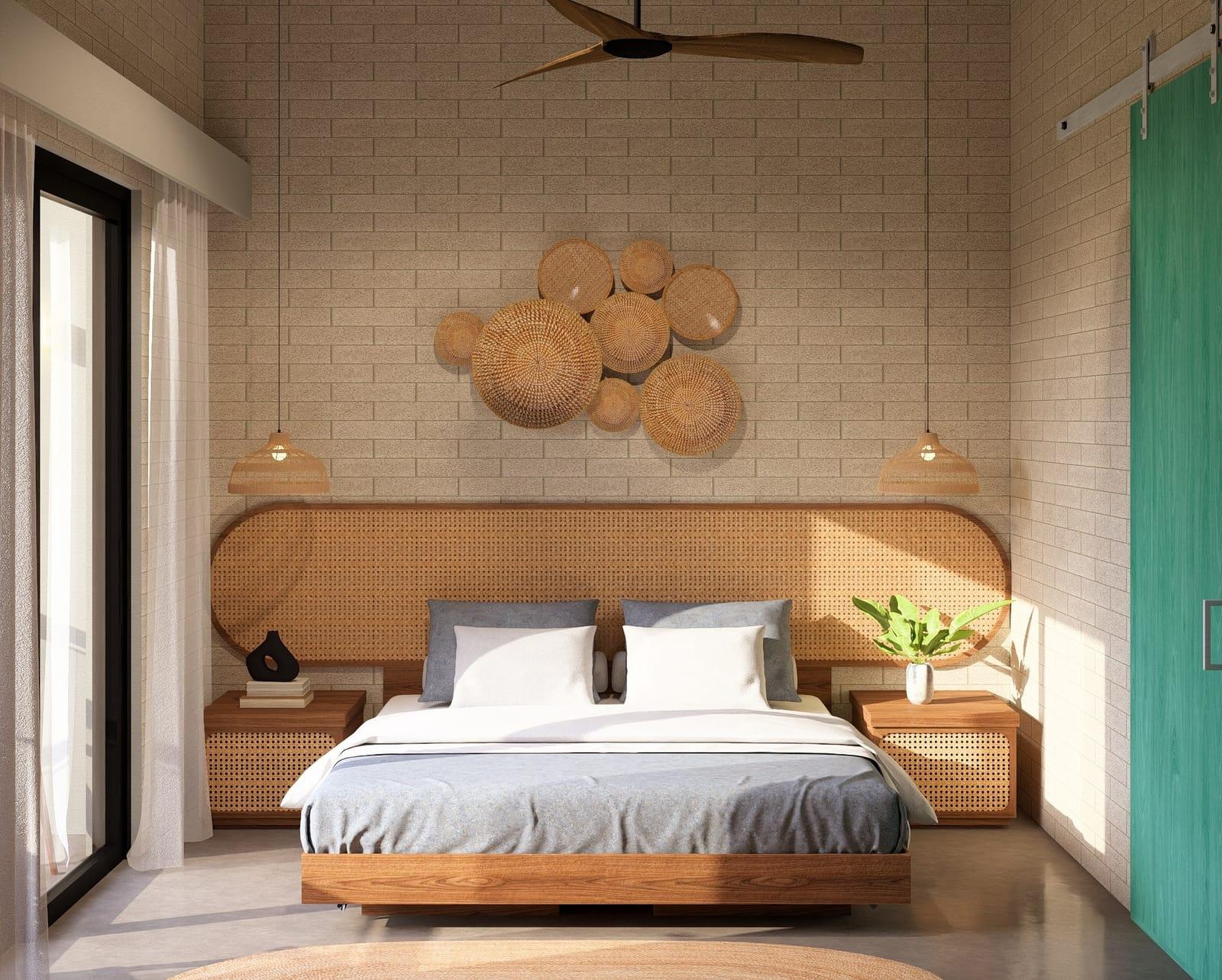 Private double room with rattan headboard and pendant lights at Soul Surfer Camp Weligama