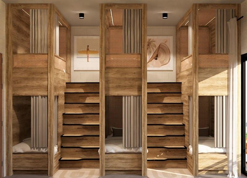 Mixed dormitory with bunk beds and rattan wall detail - Image 1