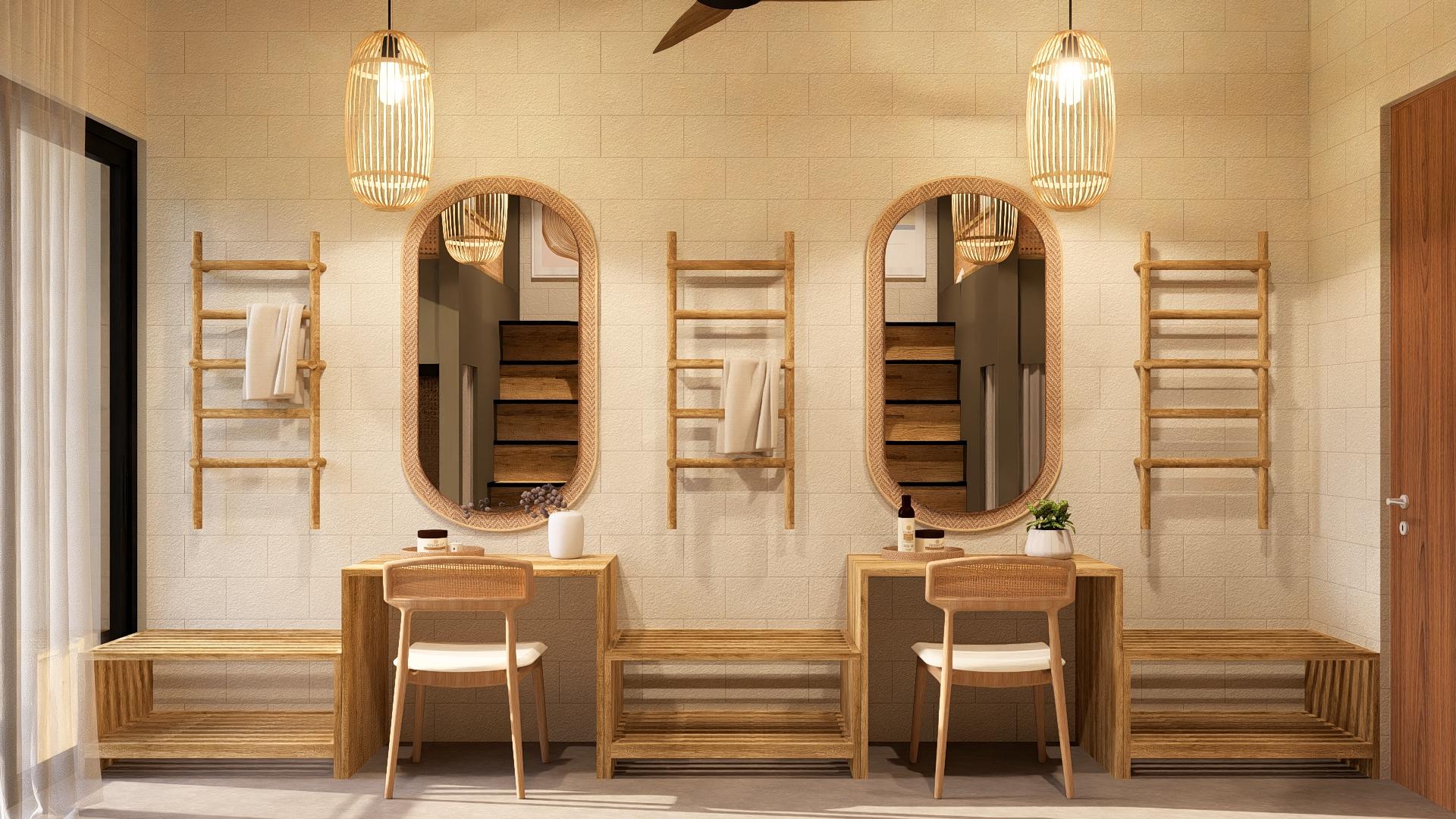 Mixed dormitory with bunk beds and rattan wall detail - Image 2