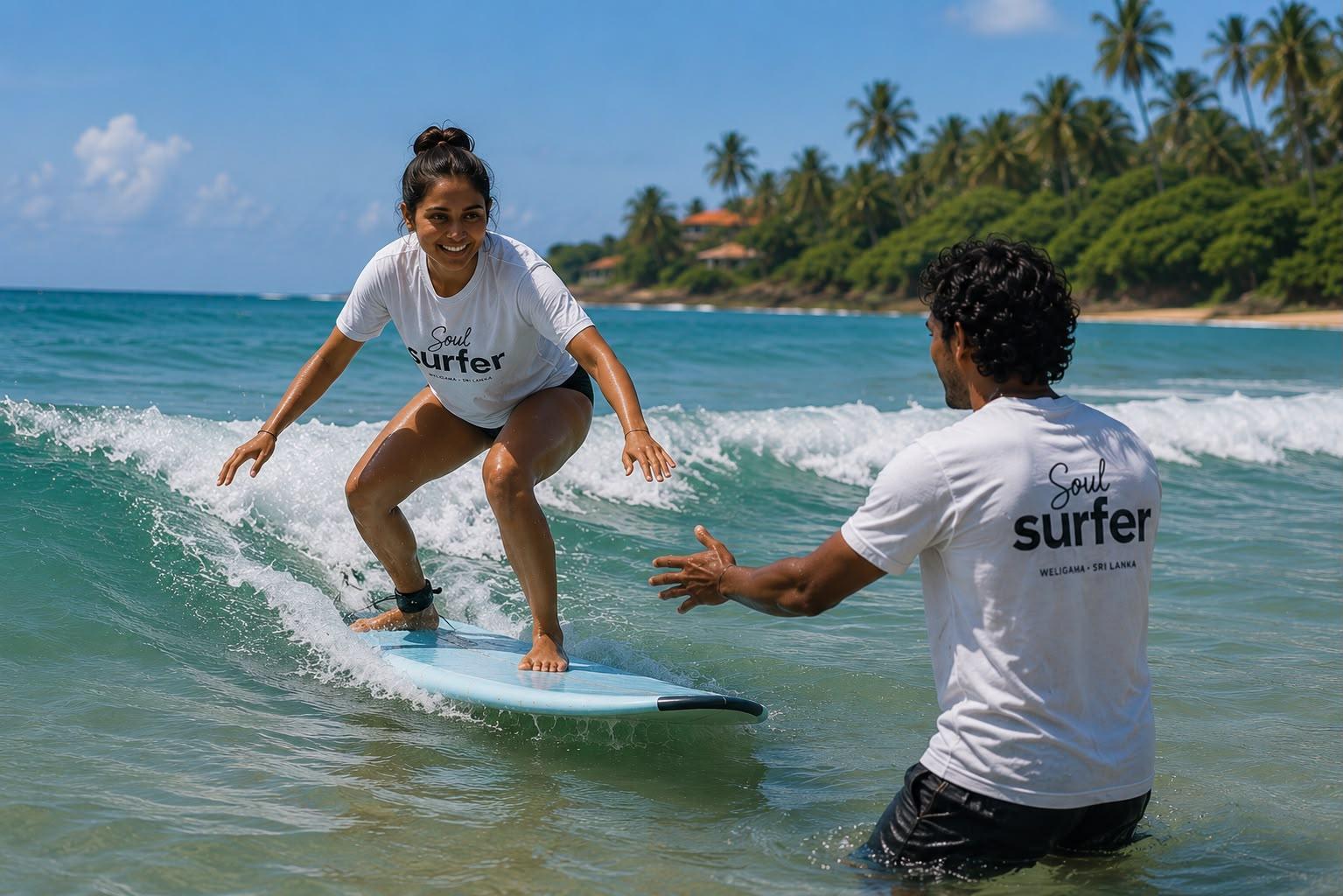A surf coach briefing two surfers on the beach in Weligama