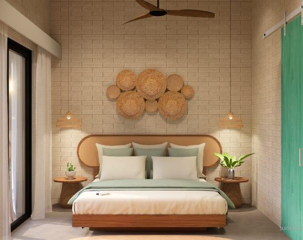 Private double room with rattan wall detail, pendant lighting and a balcony door