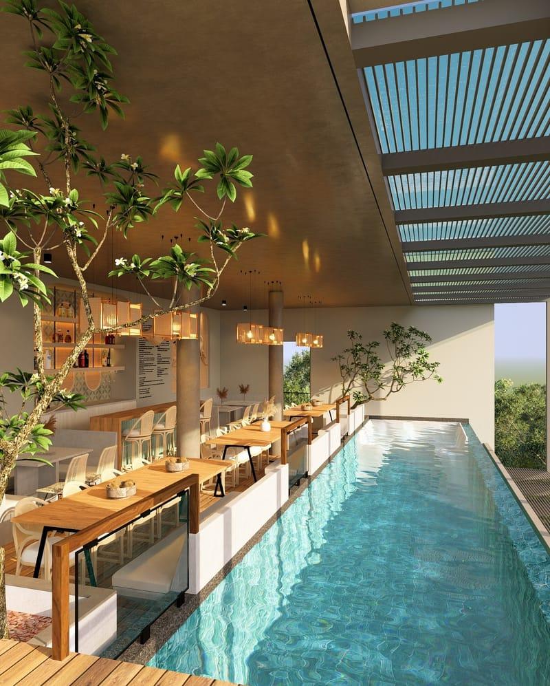Rooftop infinity pool and dining terrace at Soul Surfer Camp, Weligama